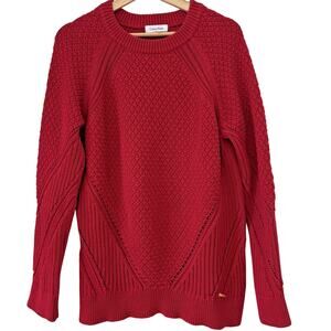 Calvin Klein Red Chunky Knit Sweater Crewneck Classic Logo Festive Holiday M